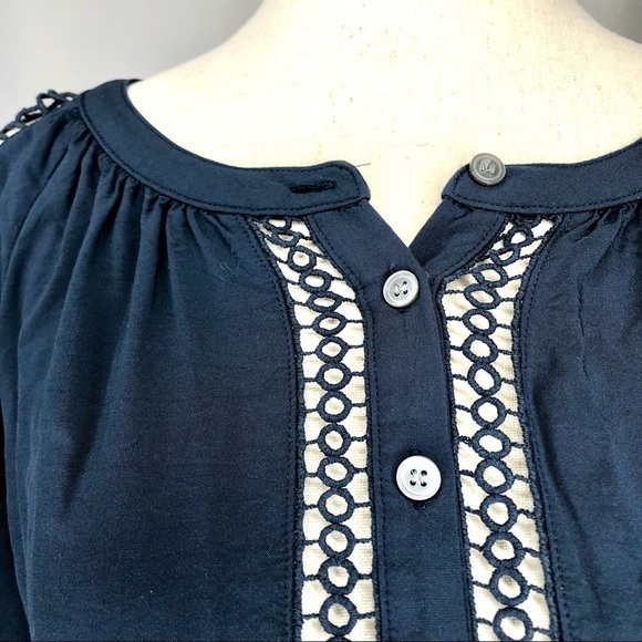 LOFT rayon Henley blouse with open lace panels on front and sleeves slate XS - Picture 2 of 8